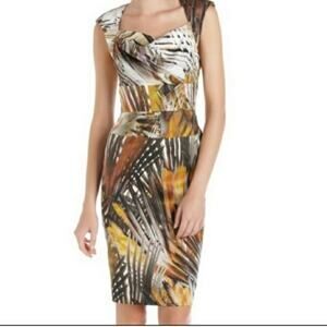 $390 Black Halo Catherine Sheath Dress Abstract Palm Open Back Cocktail Sz 6